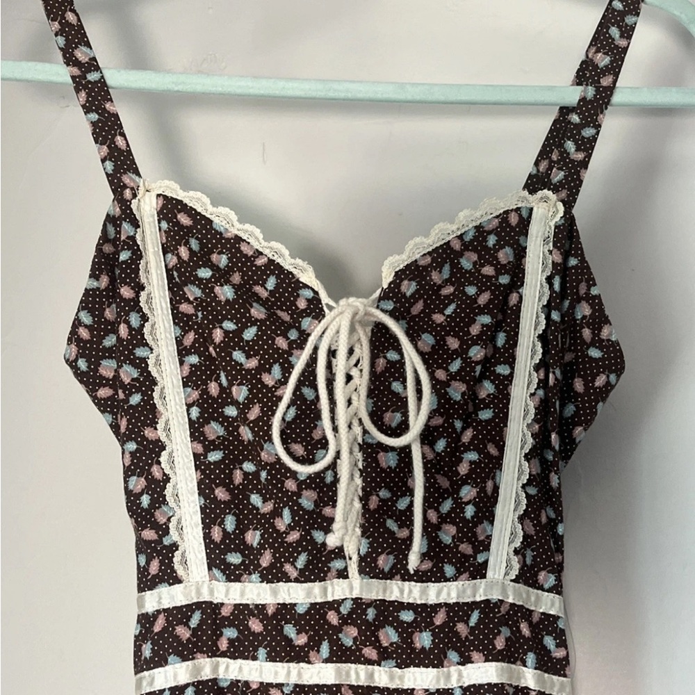 Gunne Sax Prairie Maxi Dress Brown Feather Lace Corset Tie Back Vintage - Picture 3 of 16